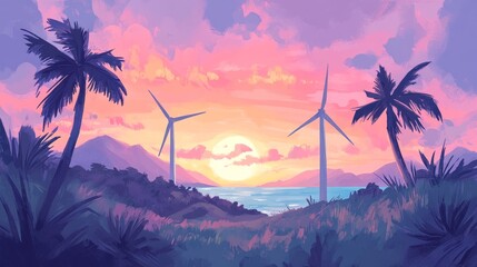 Wall Mural - Tropical paradise with wind turbines standing against a radiant watercolor sunset, palm trees dancing in the breeze, and the clear ocean shimmering in the background