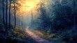 © CHAKKAPONG - A quiet forest path at twilight, digital painting, cool tones, ethereal light