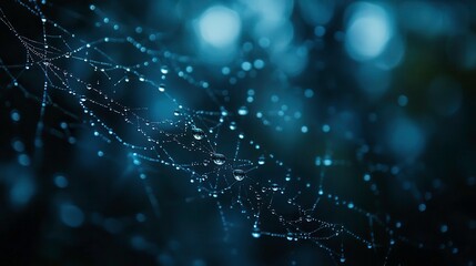 A detailed close-up of raindrops on a spider web in a dark forest, macro photography style