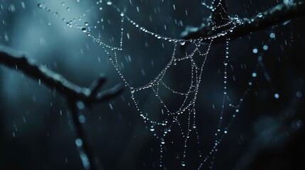 A detailed close-up of raindrops on a spider web in a dark forest, macro photography style