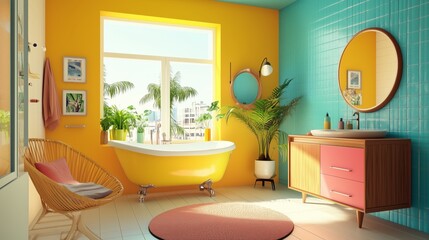 Wall Mural - Retro and vintage bathroom with vibrant color accents and mid-century furnishings. The ambiance in the room is upbeat and welcoming.