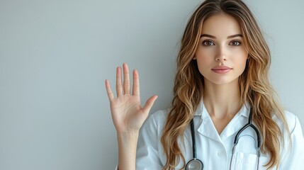 A young female doctor with long brown hair wearing a white lab coat and stethoscope, looking at the camera with her palm open and facing the viewer, standing against a gray wall.