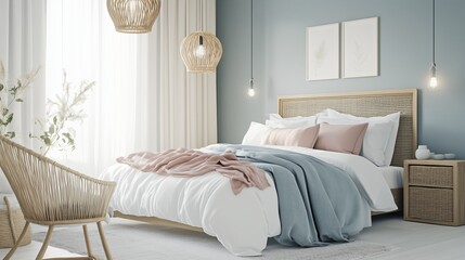 Wall Mural - A bedroom with a natural material palette and gentle colors influenced by Scandinavian design.