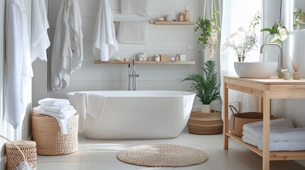 Wall Mural - A bathroom with a natural material palette and gentle colors influenced by Scandinavian design.