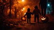 © kitidach - Two children walking through a misty street at night, holding hands and surrounded by glowing jack-o'-lanterns.