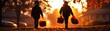 © kitidach - Two children walk home at sunset, carrying bags. The warm glow of the evening creates a nostalgic autumn atmosphere.
