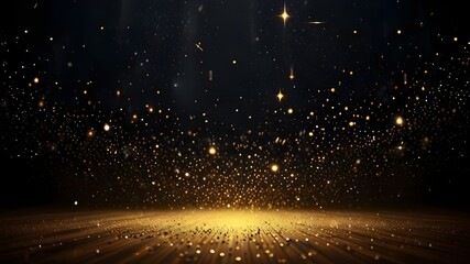 Abstract background shining golden floor ground particles stars dust. Futuristic glittering in space on black background. Generative AI