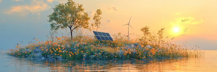 Sticker - A small island with a solar panel and a wind turbine, surrounded by flowers and trees at sunset.