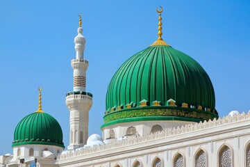 Poster - The Green dome of The Prophet's Mosque or Al Masjid Al Nabawi, a major site of pilgrimage that falls under the purview of the Custodian of the Two Holy Mosques , copy space , ai