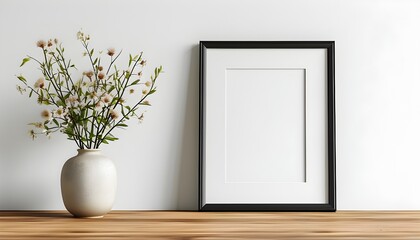 Wall Mural - Minimalist mock-up featuring an empty frame and a vase on a table against a clean white wall