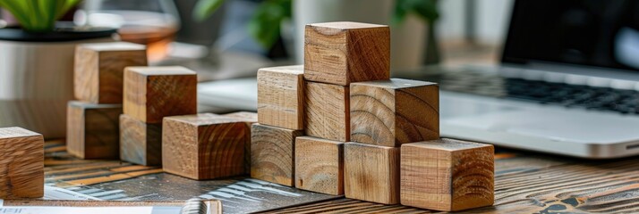 Poster - Wooden blocks organized on a surface to represent goal setting and business strategy focused on planning and collaboration for improving company performance and future growth.