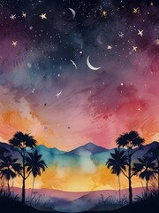 Poster - Night Sky with Palm Trees and Mountains Watercolor Painting