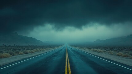 A wide shot of an empty highway stretching into a dark horizon, moody and desolate