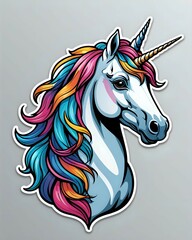  A colorful illustration of a unicorn's head with a white body and rainbow mane and horn.