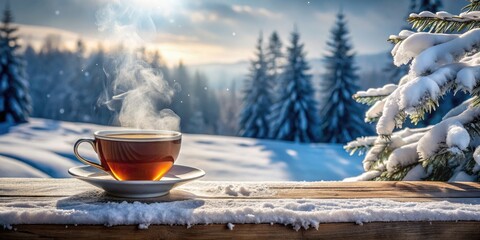 Winter scene with a beautiful snow-covered landscape, a steaming cup of tea on a cozy table, and copy space, winter, art, beauty