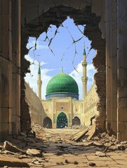 Sticker - create realistic image hope to reality, rebuilding the ummah, with the image of a broken gateway walls leading to masjid nabawi green dome, spiritual and ethereal, ai