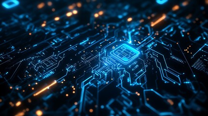 Poster - Glowing Blue Circuit Board with Central Processor
