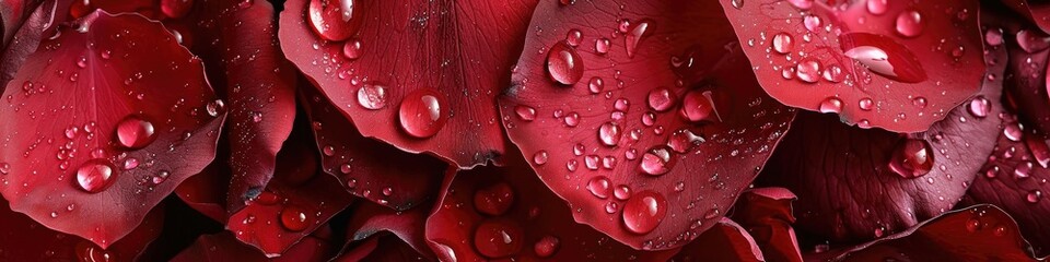 Poster - Beautiful red rose petals adorned with water droplets, showcasing exquisite dried petals immersed in clear water droplets.