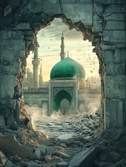 Sticker - create realistic image hope to reality, rebuilding the ummah, with the image of a broken gateway walls leading to masjid nabawi green dome, spiritual and ethereal, ai