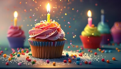 Vibrant birthday cupcakes adorned with sprinkles and glowing candles, ideal for joyful celebrations and festive events.