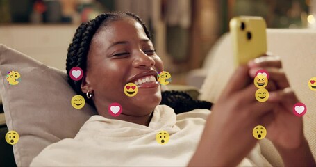 Poster - Social media, emoji and phone with black woman in home for algorithm, notification and connection. Icon, networking and comment with person in living room for viral post, dating app or online overlay