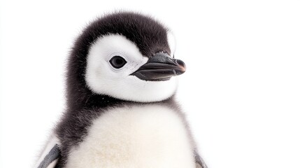 Adorable Baby Penguin Standing Alone on White Background with Gentle Close-Up Lighting