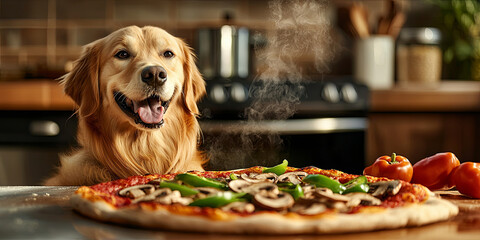 Smiling Golden Retriever dog sitting in front of an oversized pizza, generative AI