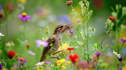 Canvas Print - A Bird in a Meadow of Colorful Flowers