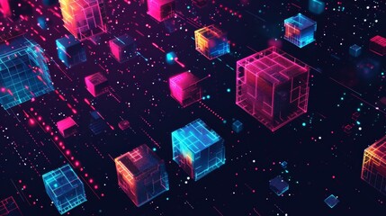 Fototapete - Neon-lit digital cubes float in a futuristic, grid-like virtual space, creating a dynamic and visually striking scene. The blend of vibrant colors and technological elements evokes a sense of digital