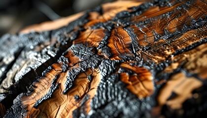 Warm, textured close-up of charred wood revealing intricate natural patterns in an abstract and captivating display