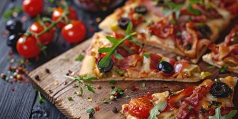 Canvas Print - Slices of pizza garnished with bacon, olives, and tomatoes on a wooden cutting board.