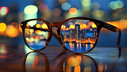 Chic eyeglasses showcasing cityscape reflections on lenses, placed on wood with a blurred urban night backdrop.