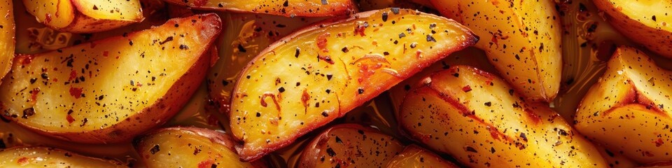 Wall Mural - Close-up view of fresh potato wedges seasoned with oil and spices, ready for baking.