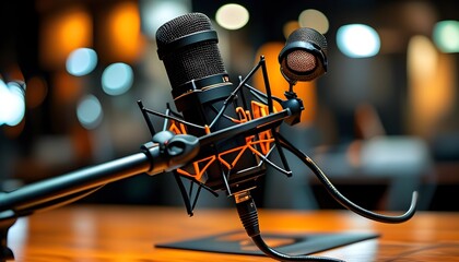 Wall Mural - Stylish microphone with a black and orange filter placed elegantly on a desk