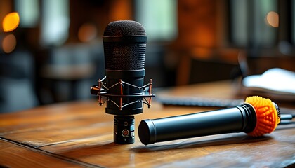 Stylish microphone with a black and orange filter placed elegantly on a desk