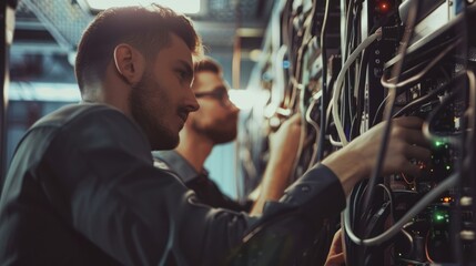 Wall Mural - Technicians Working on Server Racks