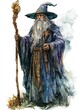© Dragon42 - Mystical Wizard with Staff and Sword in Hand-Painted Watercolor Illustration