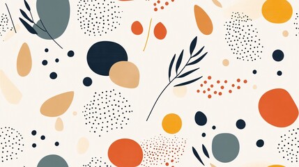 Poster - Organic Shapes in Harmony: Abstract seamless pattern with colorful dots, leaves, and organic shapes on a white background. 