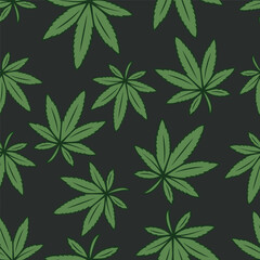 Wall Mural - Vector Seamless Pattern with Flat Cannabis Leaves. Hemp, Cannabis Green Leaf on Black Background. Seamless Print with Medical Marijuana. Vector Illustration