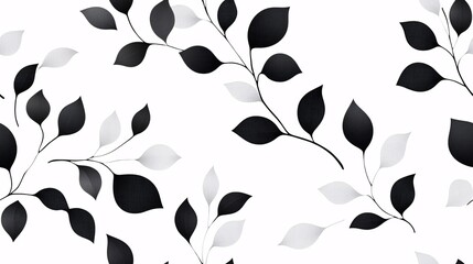 Wall Mural - Black and Grey Leaves Seamless Pattern: A minimalist and elegant design featuring delicate black and grey leaves on a white background. Perfect for adding a touch of nature and sophistication