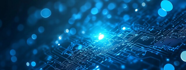 Poster - Blue Circuit Board with Glowing Lines and Bokeh Lights