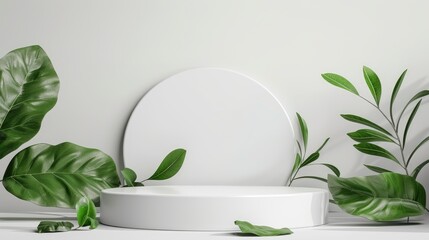 Sticker - White podium with green leaves on light grey background for cosmetic marketing. Product display mockup.