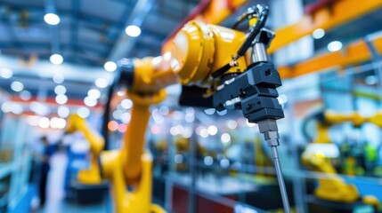 Poster - Yellow Industrial Robot Arm with Black Tool