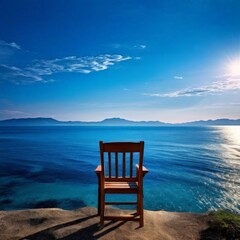 A wooden chair sits at the edge of a cliff, facing the vast ocean under a clear blue sky. The serene scene evokes a sense of peace and solitude, ideal for concepts of relaxation, contemplation, and