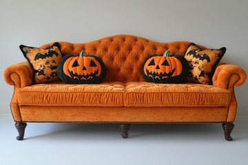 Orange velvet sofa with two black pumpkin pillows and two black bat pillows.