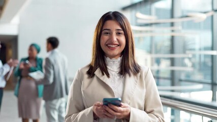 Poster - Office, face and woman with smartphone, laughing and search of candidates, online and recruiter on app. Business, scouter and person with mobile, smile and communication for screening and interview