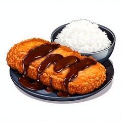 chicken cutlet with white rice illustration. Cutlet with sauce. Tonkatsu with rice.