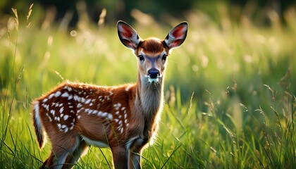 Wall Mural - Summer meadow with a red deer calf grazing peacefully