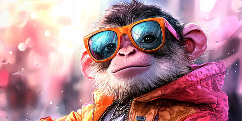 Canvas Print - Cool monkey wearing sunglasses and a jacket.