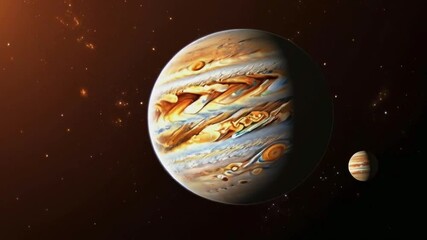 a stunning view of jupiter with its swirling clouds and iconic red spot, seen against a backdrop of 